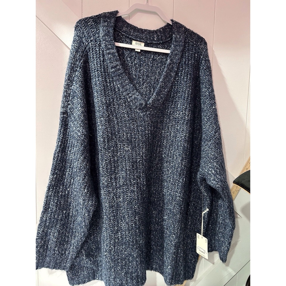 A N A Women's 2X V-neck Chenille Sweater‎ NWT  Dark Blue Heathered Mix Pullover